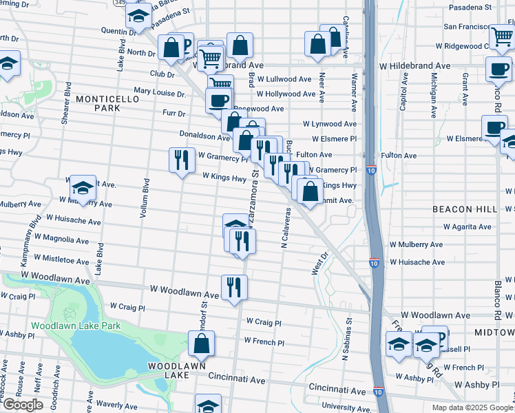 map of restaurants, bars, coffee shops, grocery stores, and more near 1643 West Mulberry Avenue in San Antonio