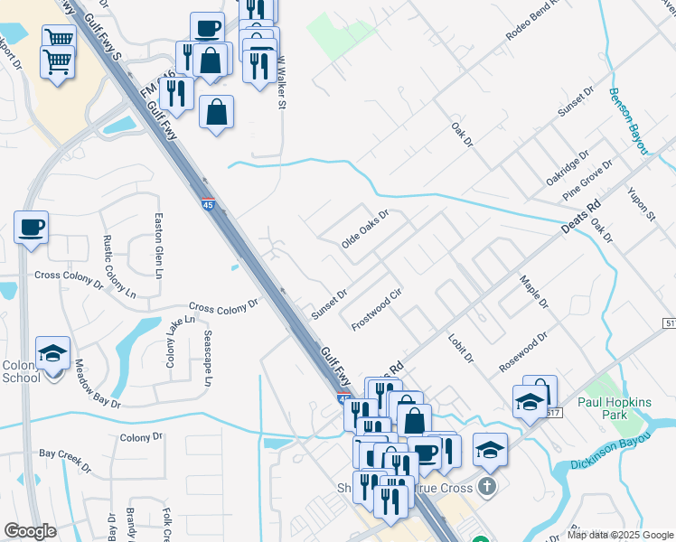 map of restaurants, bars, coffee shops, grocery stores, and more near 425 Sunset Drive in Dickinson