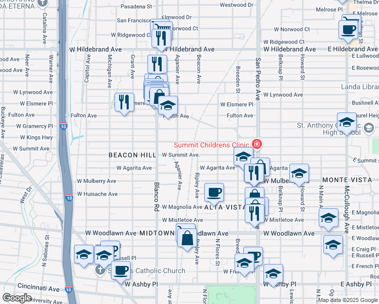map of restaurants, bars, coffee shops, grocery stores, and more near 703 West Summit in San Antonio