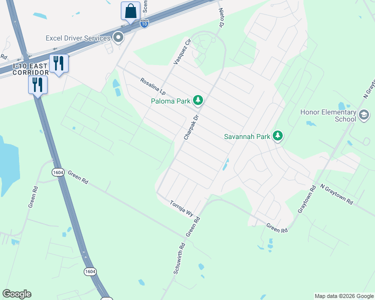 map of restaurants, bars, coffee shops, grocery stores, and more near 10641 Green Road in Converse