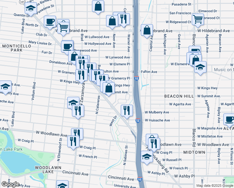 map of restaurants, bars, coffee shops, grocery stores, and more near 135 Louise Street in San Antonio