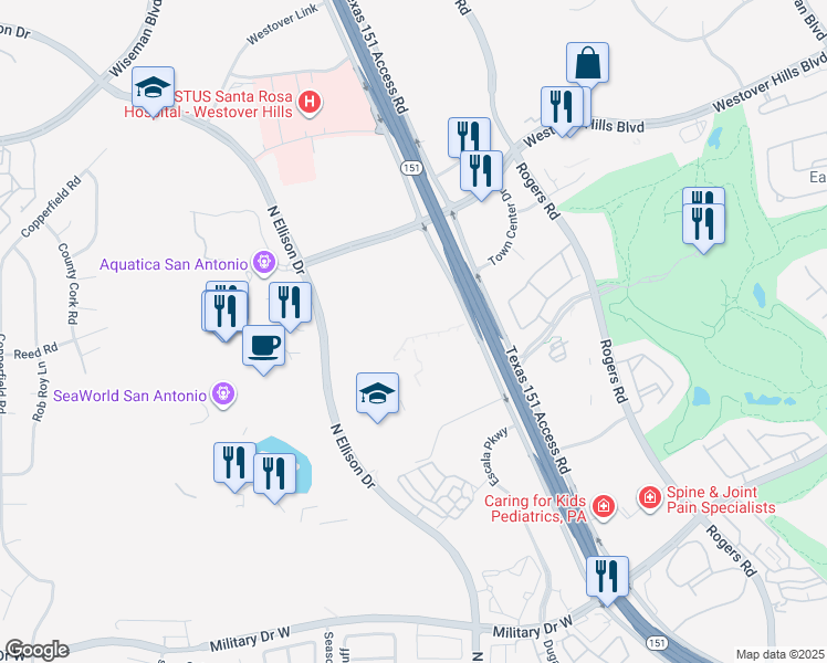 map of restaurants, bars, coffee shops, grocery stores, and more near 10800 Texas 151 in San Antonio