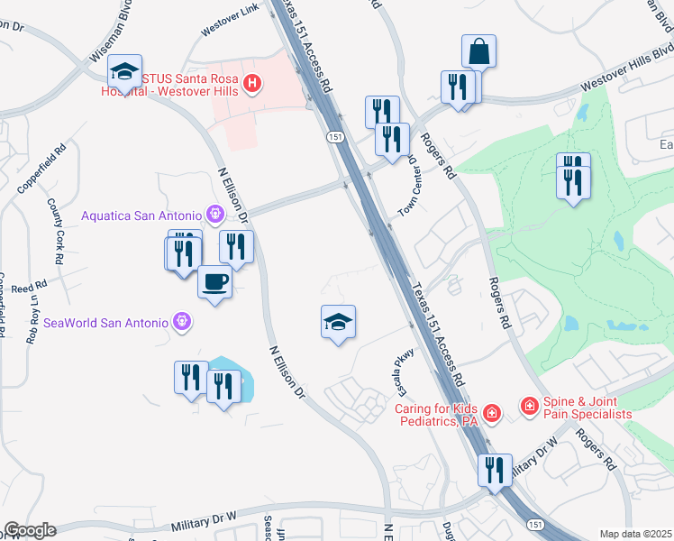 map of restaurants, bars, coffee shops, grocery stores, and more near 10800 Texas 151 in San Antonio