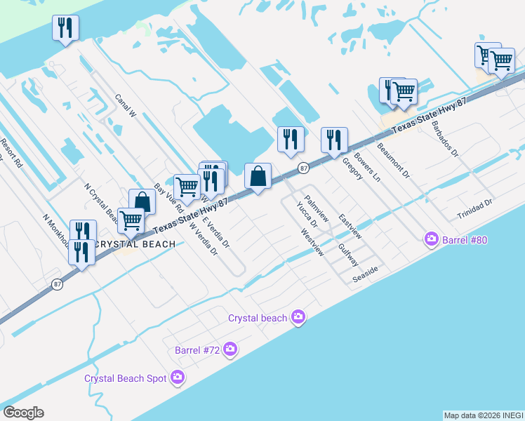 map of restaurants, bars, coffee shops, grocery stores, and more near 2040 State Highway 87 in Bolivar Peninsula