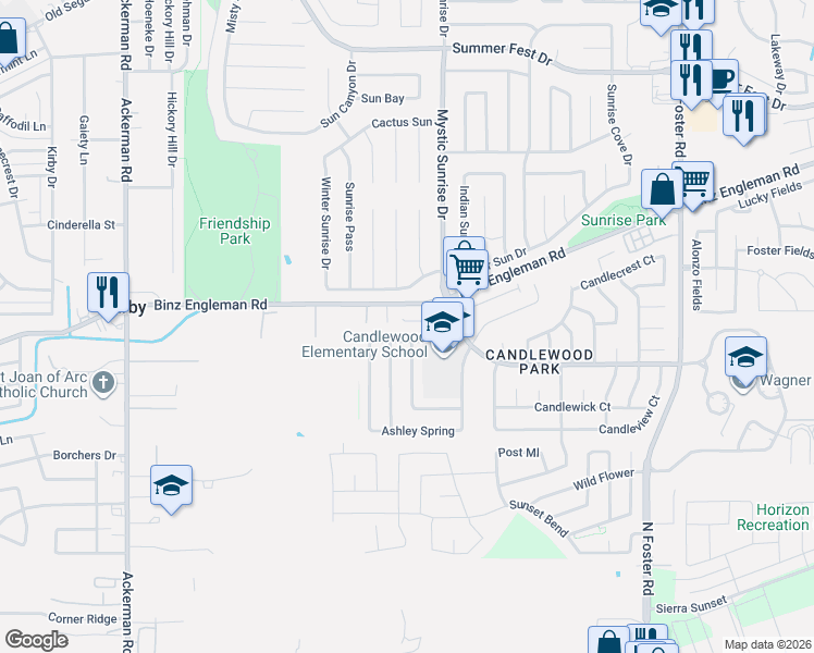 map of restaurants, bars, coffee shops, grocery stores, and more near 6103 Lyndell Spring in San Antonio