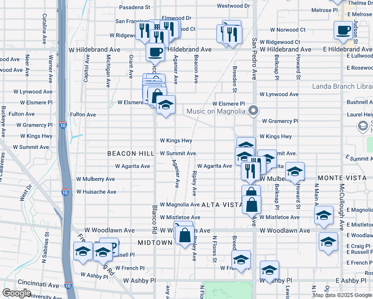 map of restaurants, bars, coffee shops, grocery stores, and more near 708 West Summit in San Antonio