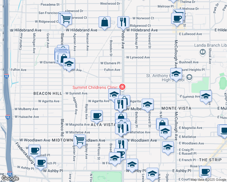 map of restaurants, bars, coffee shops, grocery stores, and more near 435 West Summit Avenue in San Antonio