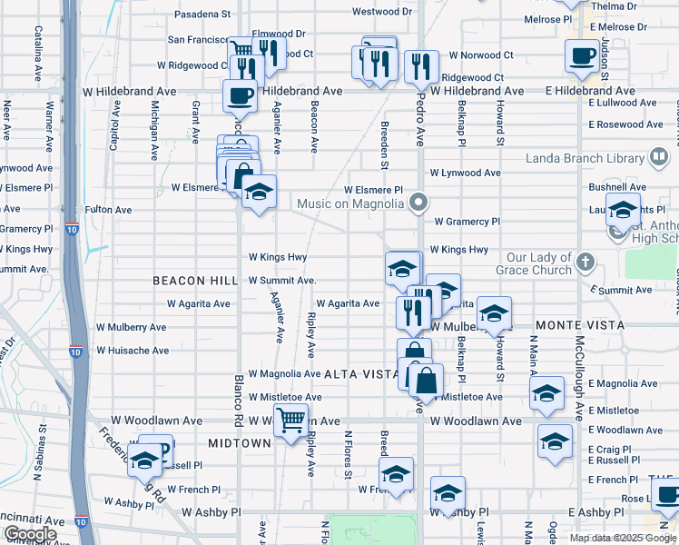 map of restaurants, bars, coffee shops, grocery stores, and more near 618 West Summit in San Antonio