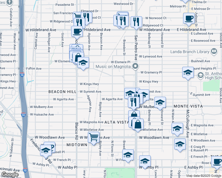 map of restaurants, bars, coffee shops, grocery stores, and more near 618 West Summit in San Antonio