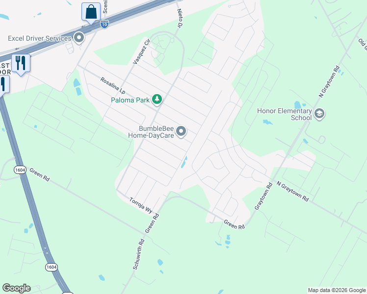 map of restaurants, bars, coffee shops, grocery stores, and more near 10815 Prusiner Road in Converse