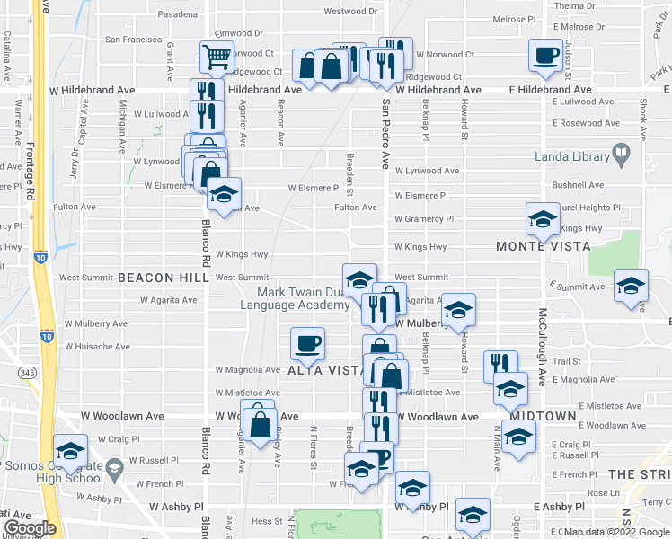 map of restaurants, bars, coffee shops, grocery stores, and more near 522 West Summit in San Antonio