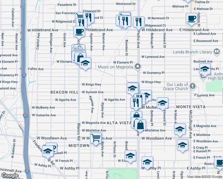 map of restaurants, bars, coffee shops, grocery stores, and more near 618 West Summit in San Antonio