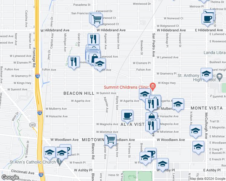 map of restaurants, bars, coffee shops, grocery stores, and more near 706 West Summit in San Antonio