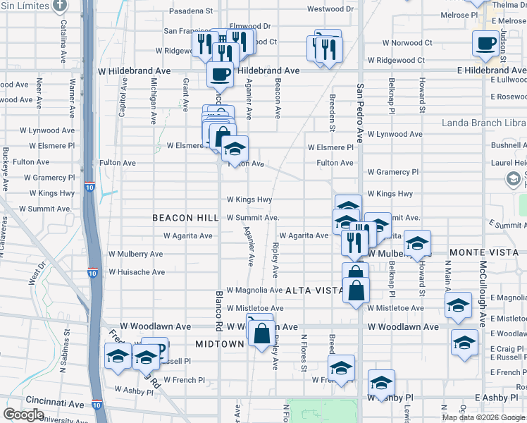 map of restaurants, bars, coffee shops, grocery stores, and more near 708 West Summit in San Antonio