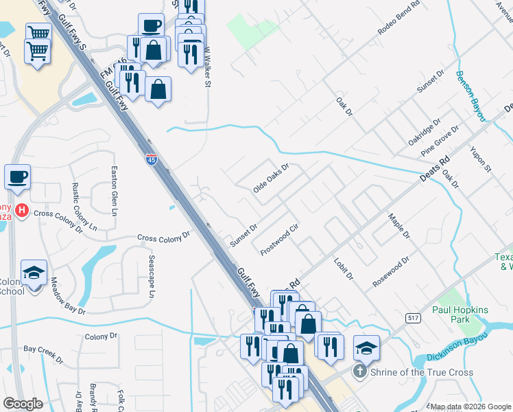 map of restaurants, bars, coffee shops, grocery stores, and more near 425 Sunset Drive in Dickinson