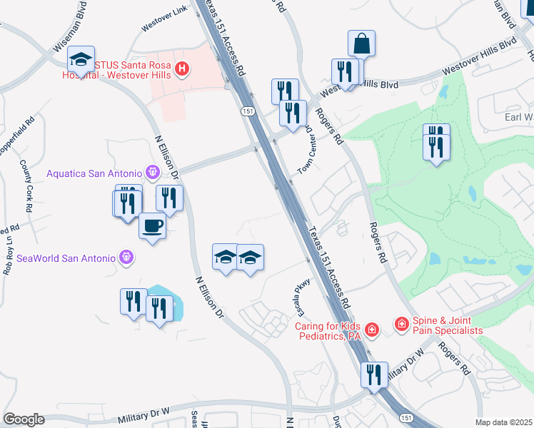 map of restaurants, bars, coffee shops, grocery stores, and more near 10800 Highway 151 in San Antonio