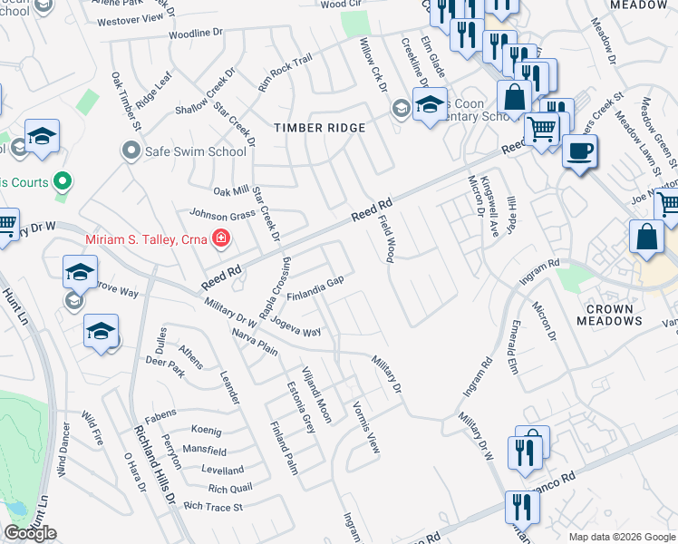 map of restaurants, bars, coffee shops, grocery stores, and more near 8602 Finlandia Gap in San Antonio