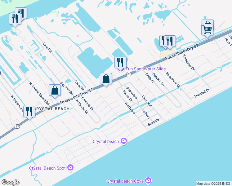 map of restaurants, bars, coffee shops, grocery stores, and more near 1991 Calypso in Bolivar Peninsula