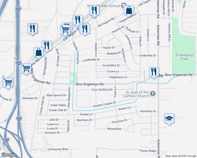 map of restaurants, bars, coffee shops, grocery stores, and more near 5111 Binz Engleman Road in Kirby