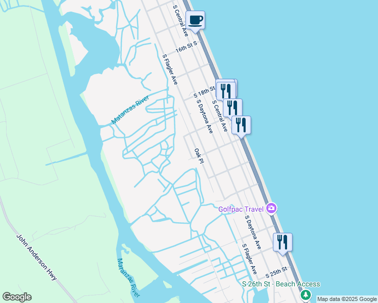 map of restaurants, bars, coffee shops, grocery stores, and more near 1855 South Palmetto Avenue in Flagler Beach
