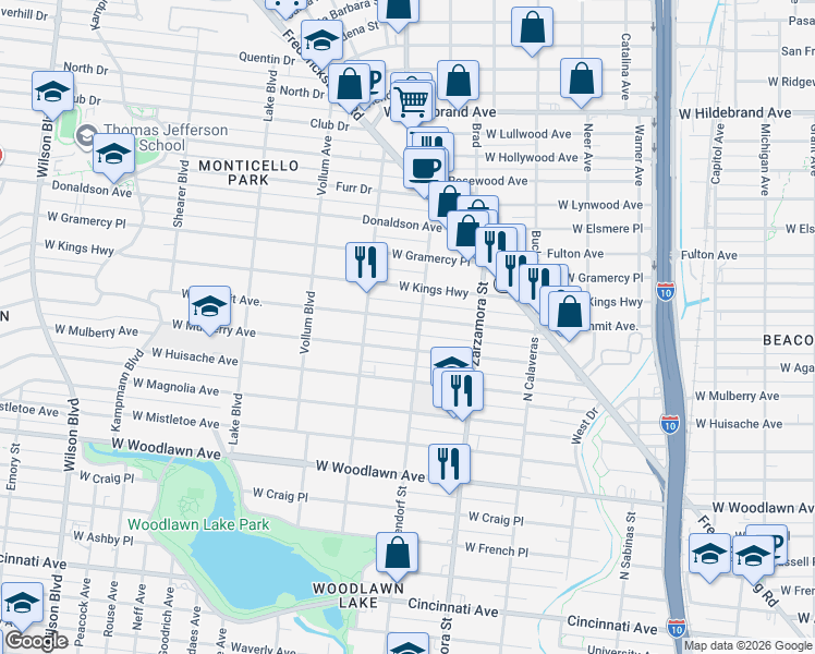 map of restaurants, bars, coffee shops, grocery stores, and more near 1809 West Mulberry Avenue in San Antonio