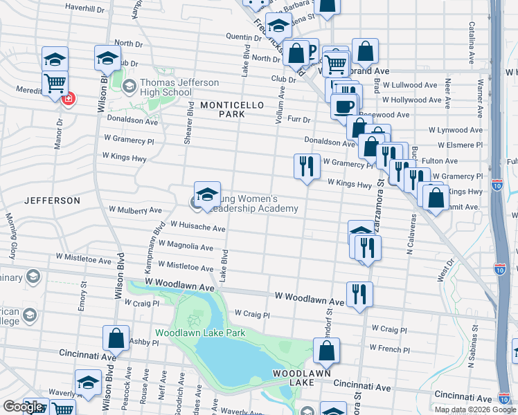 map of restaurants, bars, coffee shops, grocery stores, and more near 2012 West Mulberry Avenue in San Antonio
