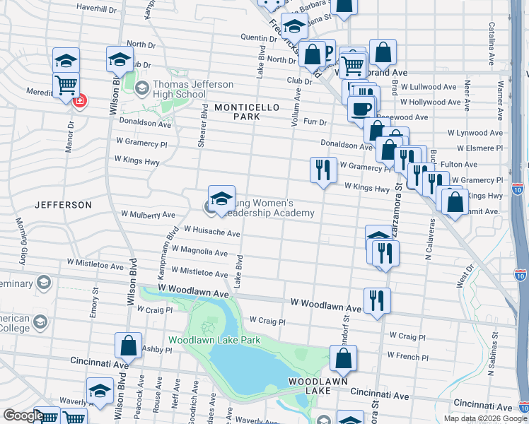 map of restaurants, bars, coffee shops, grocery stores, and more near 2012 West Mulberry Avenue in San Antonio