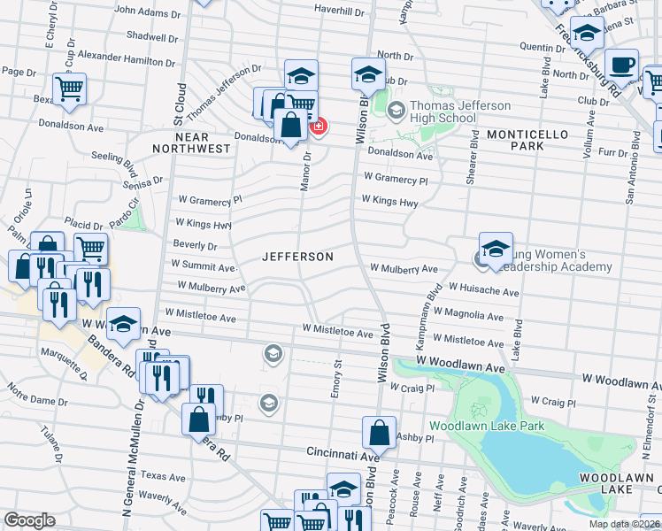 map of restaurants, bars, coffee shops, grocery stores, and more near 2446 West Mulberry Avenue in San Antonio
