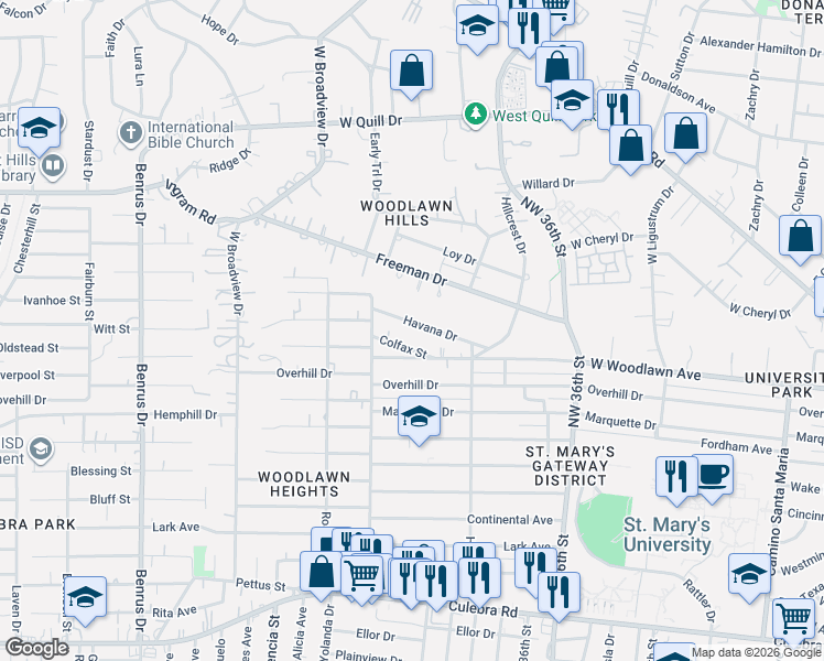 map of restaurants, bars, coffee shops, grocery stores, and more near 111 Colfax Street in San Antonio