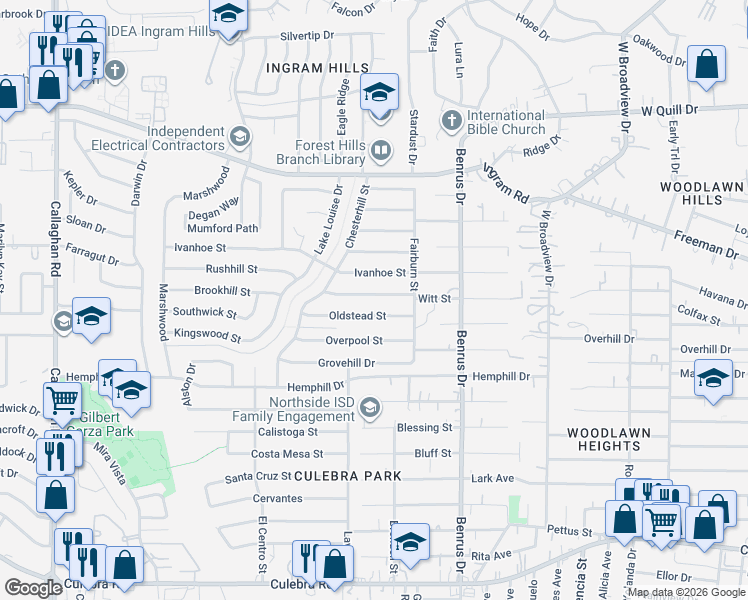 map of restaurants, bars, coffee shops, grocery stores, and more near 5138 Oldstead Street in San Antonio