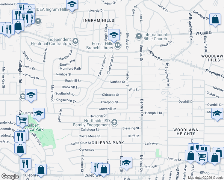 map of restaurants, bars, coffee shops, grocery stores, and more near 5138 Oldstead Street in San Antonio