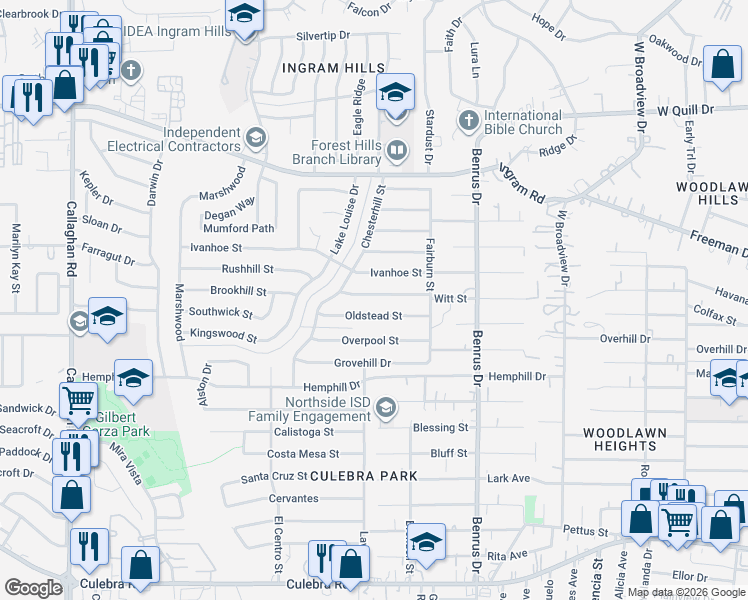 map of restaurants, bars, coffee shops, grocery stores, and more near 5138 Oldstead Street in San Antonio