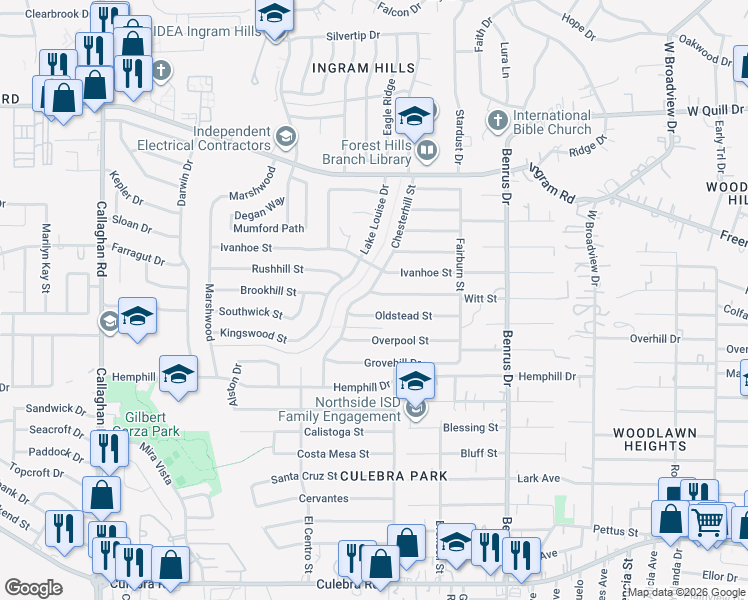 map of restaurants, bars, coffee shops, grocery stores, and more near 5222 Oldstead Street in San Antonio