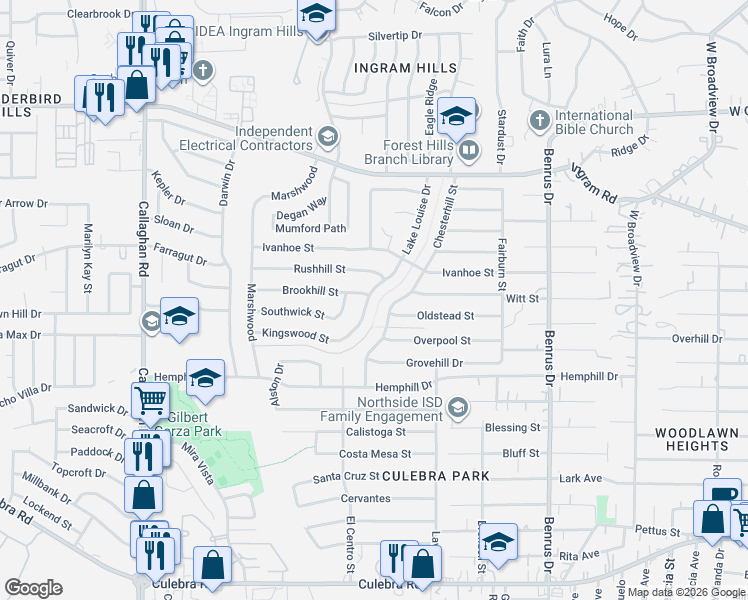 map of restaurants, bars, coffee shops, grocery stores, and more near 5250 Oldstead Street in San Antonio