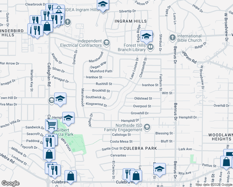 map of restaurants, bars, coffee shops, grocery stores, and more near 2227 Lake Louise Drive in San Antonio