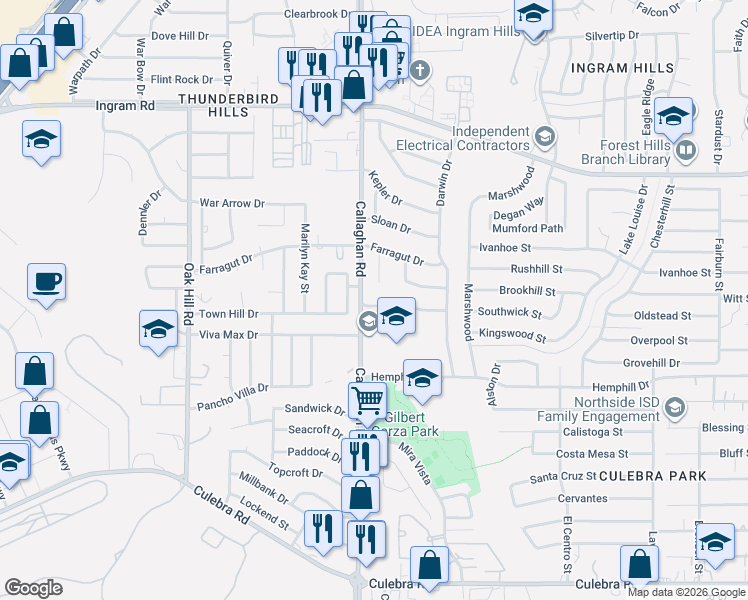 map of restaurants, bars, coffee shops, grocery stores, and more near 5926 Bennington Drive in San Antonio