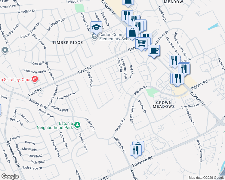map of restaurants, bars, coffee shops, grocery stores, and more near 2307 Mission Forest in San Antonio