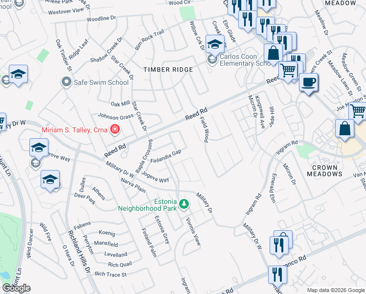 map of restaurants, bars, coffee shops, grocery stores, and more near 8602 Finlandia Gap in San Antonio