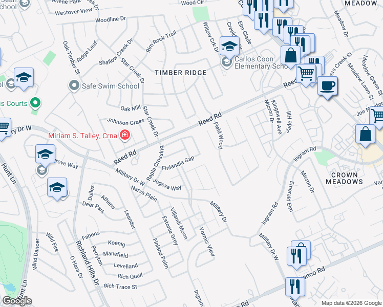 map of restaurants, bars, coffee shops, grocery stores, and more near 8602 Finlandia Gap in San Antonio