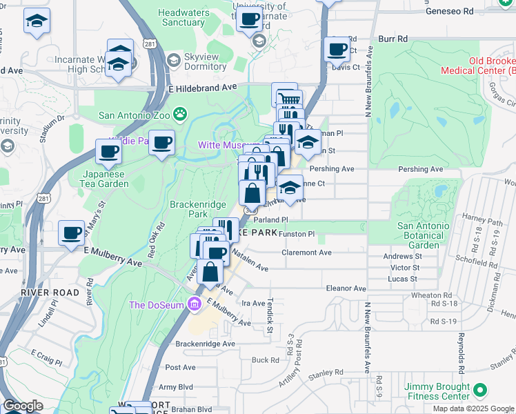 map of restaurants, bars, coffee shops, grocery stores, and more near 119 Parland Place in San Antonio