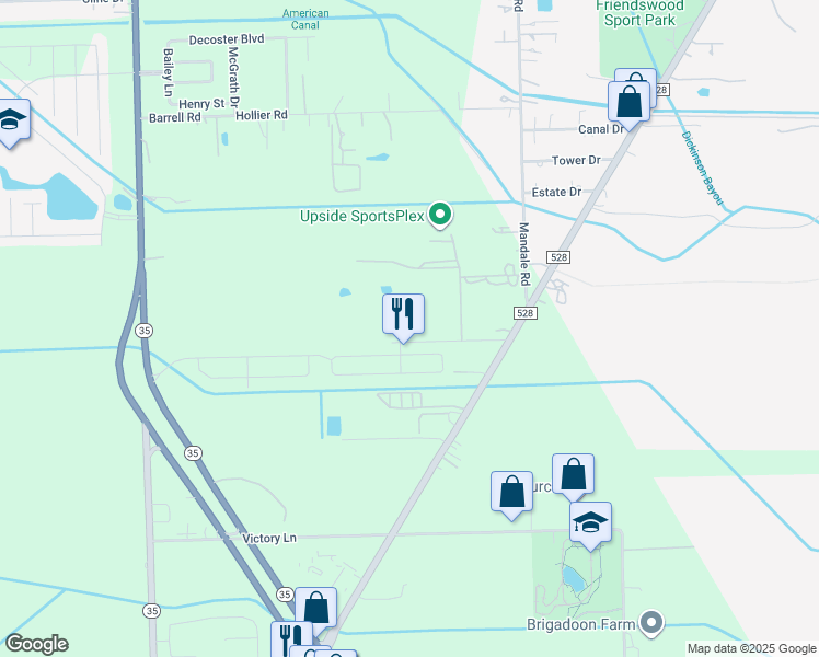map of restaurants, bars, coffee shops, grocery stores, and more near 1655 Fox Meadow Drive in Alvin