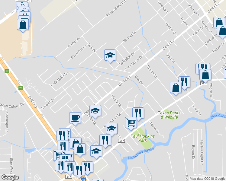 map of restaurants, bars, coffee shops, grocery stores, and more near 1110 Deats Road in Dickinson