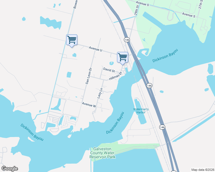 map of restaurants, bars, coffee shops, grocery stores, and more near 10220 Lazy Lane in Dickinson