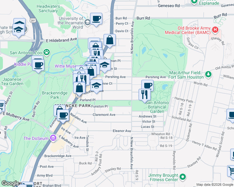 map of restaurants, bars, coffee shops, grocery stores, and more near 349 Parland Place in San Antonio