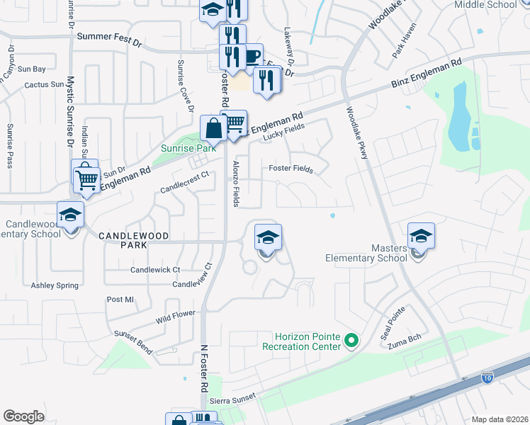 map of restaurants, bars, coffee shops, grocery stores, and more near 6706 Slaton Fields in Converse