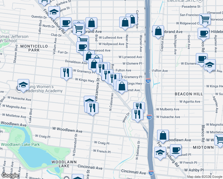 map of restaurants, bars, coffee shops, grocery stores, and more near 1610 West Summit in San Antonio