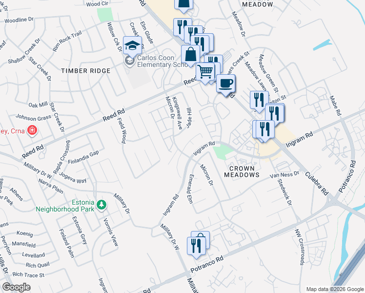 map of restaurants, bars, coffee shops, grocery stores, and more near 7610 Micron Drive in San Antonio
