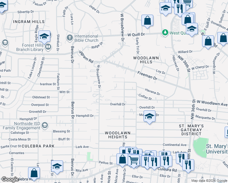 map of restaurants, bars, coffee shops, grocery stores, and more near 550 West Broadview Drive in San Antonio