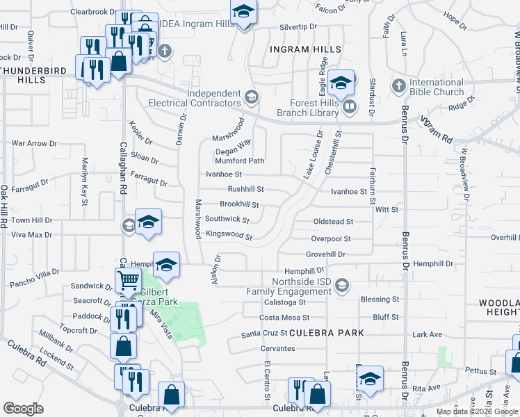 map of restaurants, bars, coffee shops, grocery stores, and more near 2227 Lake Louise Drive in San Antonio