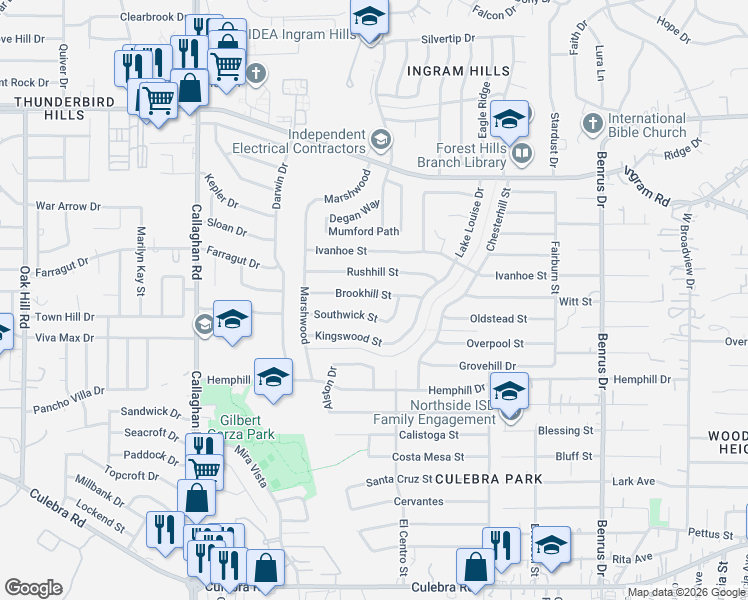 map of restaurants, bars, coffee shops, grocery stores, and more near 5510 Southwick Street in San Antonio